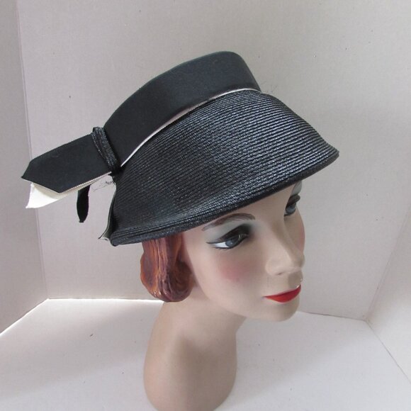 Handsome Mid Century Black Hat Bucket Style White Ribbon Accents main image 9